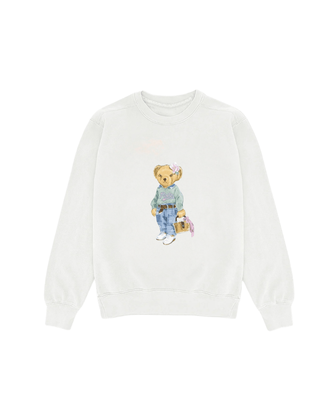 White crewneck sweatshirt with centered teddy bear print