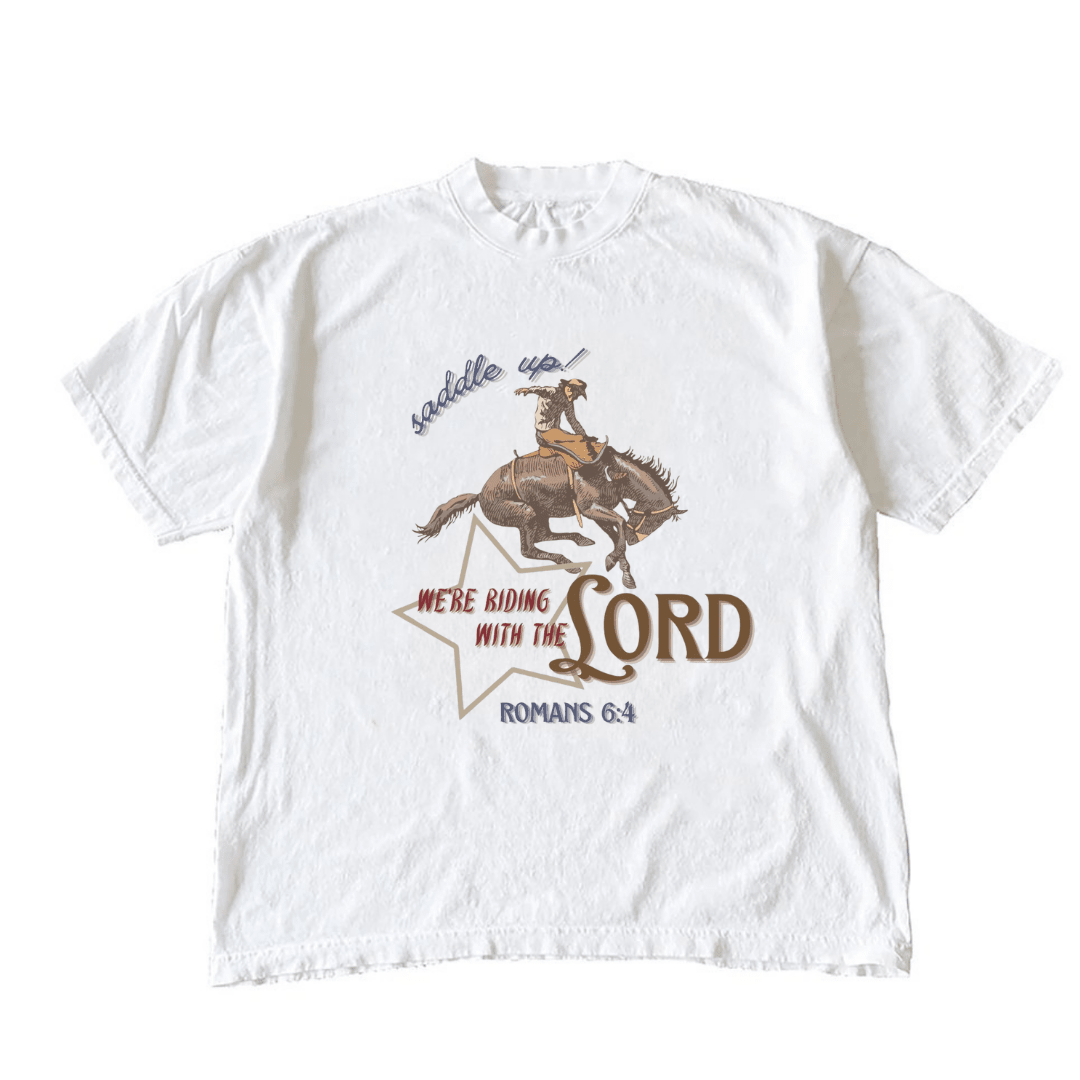 White T-shirt front graphic: cowboy on horse, 'Riding with the Lord'