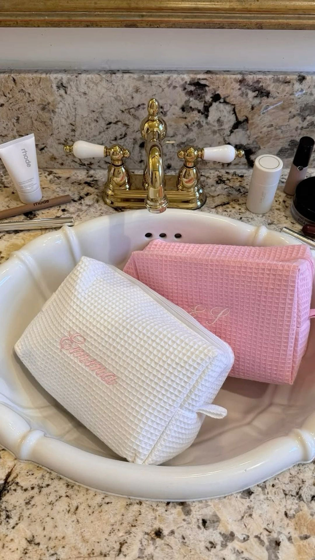 Pink waffle-knit custom embroidery bag, pink pouch with embroidered monogram