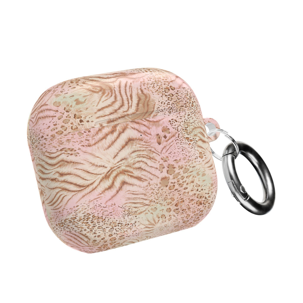 AirPod case, pink-beige desert pattern, closed with metal carabiner ring