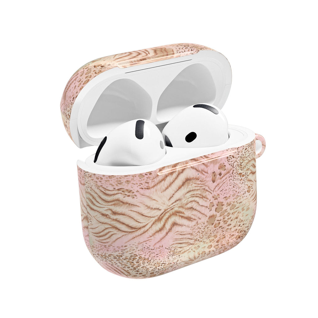 AirPod case, pink-beige desert pattern, open with white earbuds inside