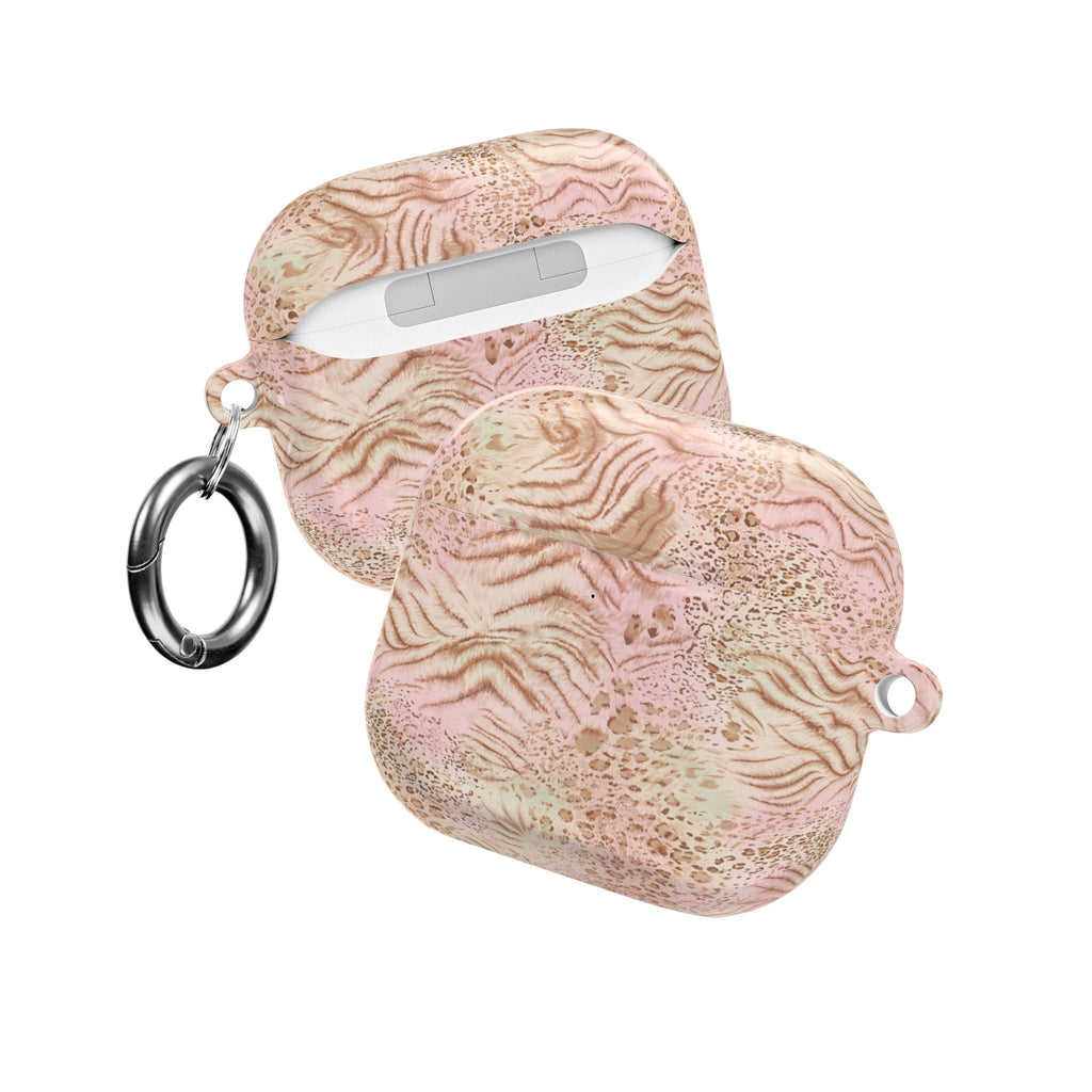 AirPod case, pink-beige desert pattern, with hook keyring and white inner tray