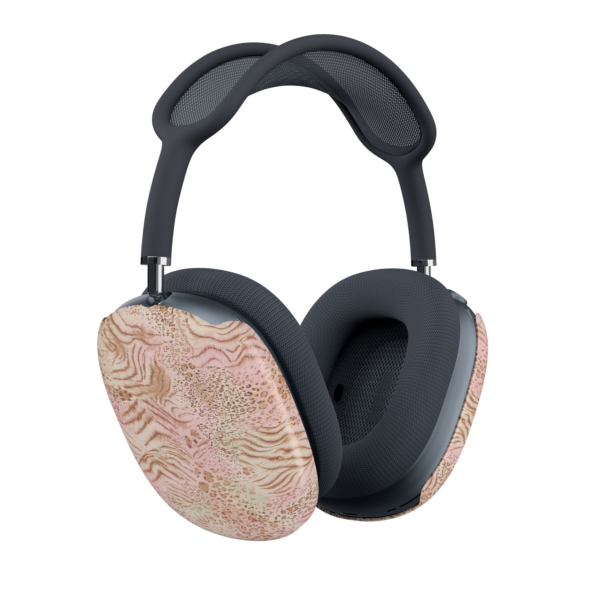 AirPods Max ear cup covers angled view: beige-pink desert print, dark gray interior