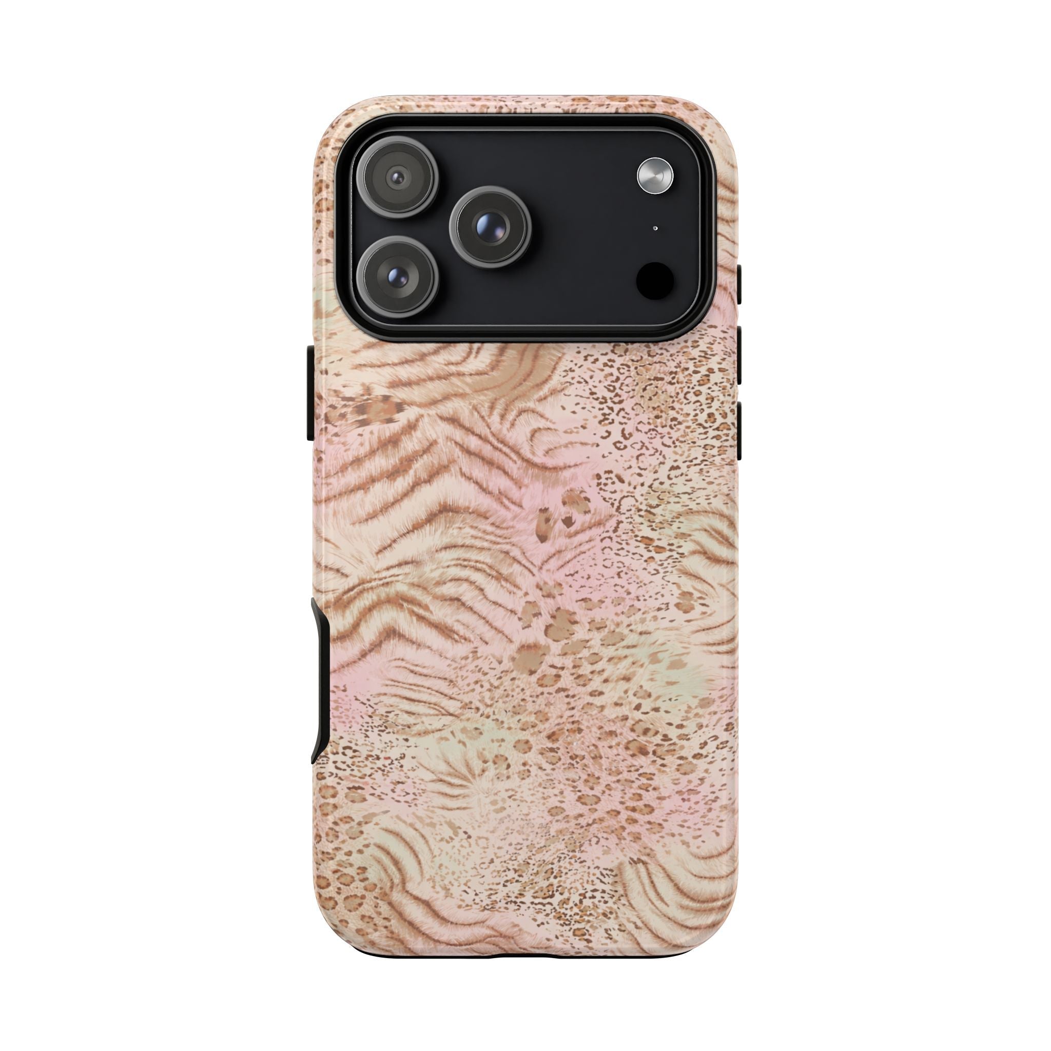 WILD DESERT phone case, tan desert print with cutouts around triple rear camera