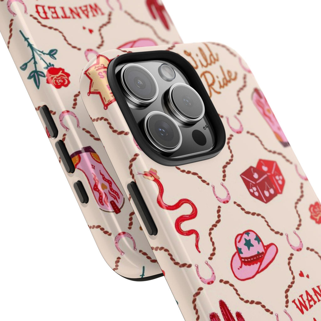 Wild Wild West phone case close-up: cowboy hat, boots, and 'Wanted' around camera cutout