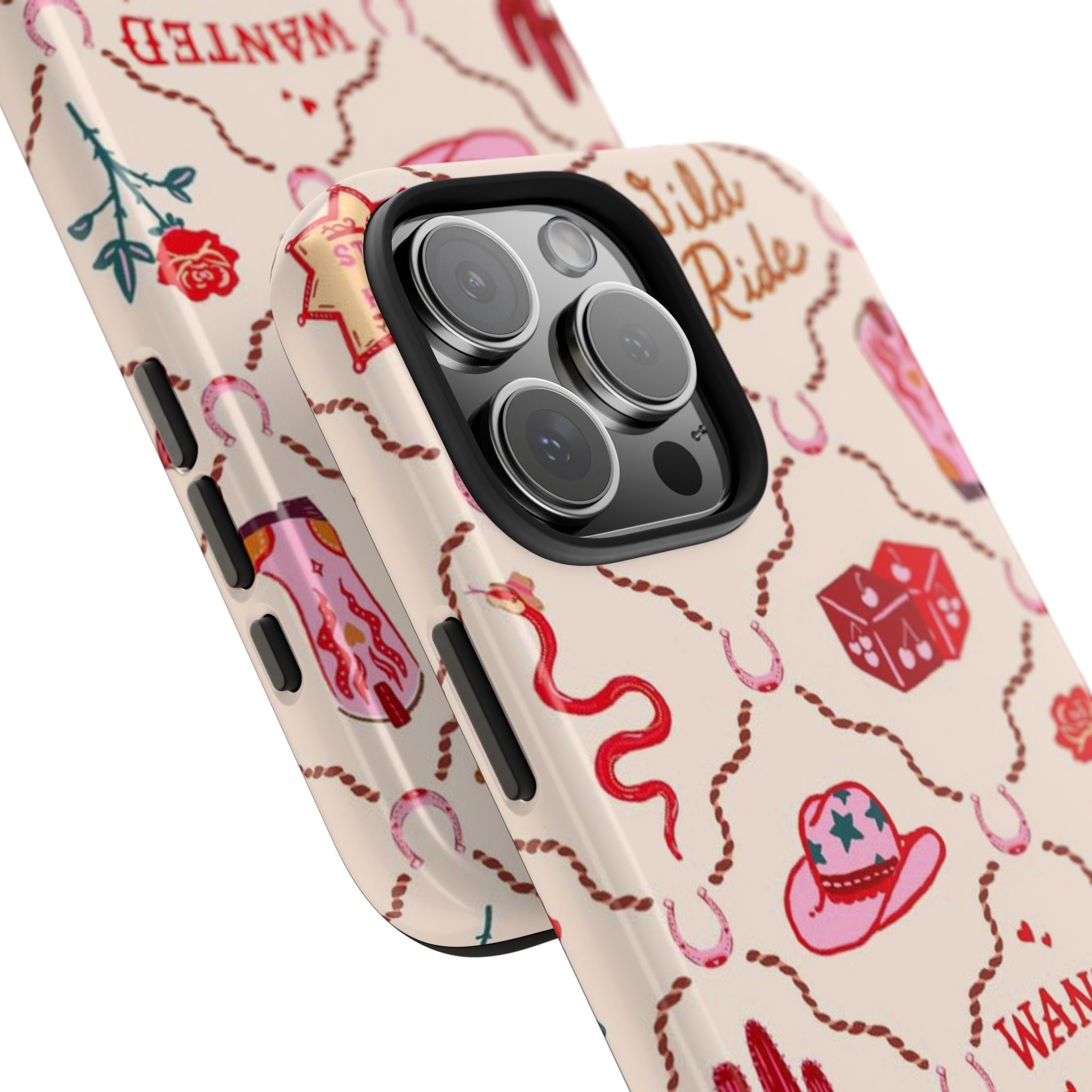 Wild Wild West phone case close-up: cowboy hat, boots, and 'Wanted' around camera cutout