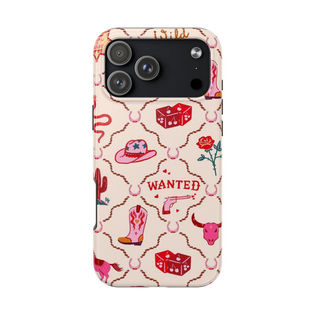 Wild Wild West phone case, western icons pattern with red 'Wanted' and boots
