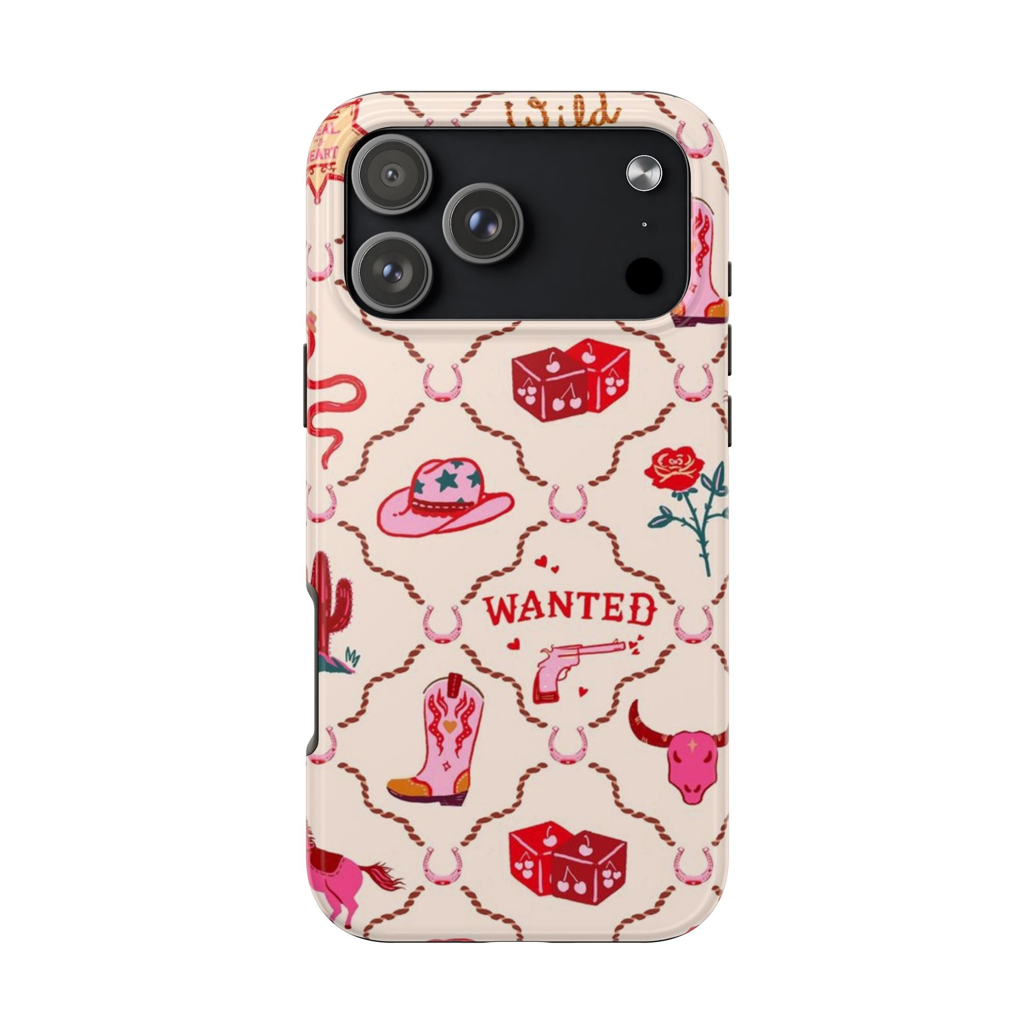 Wild Wild West phone case, western icons pattern with red 'Wanted' and boots