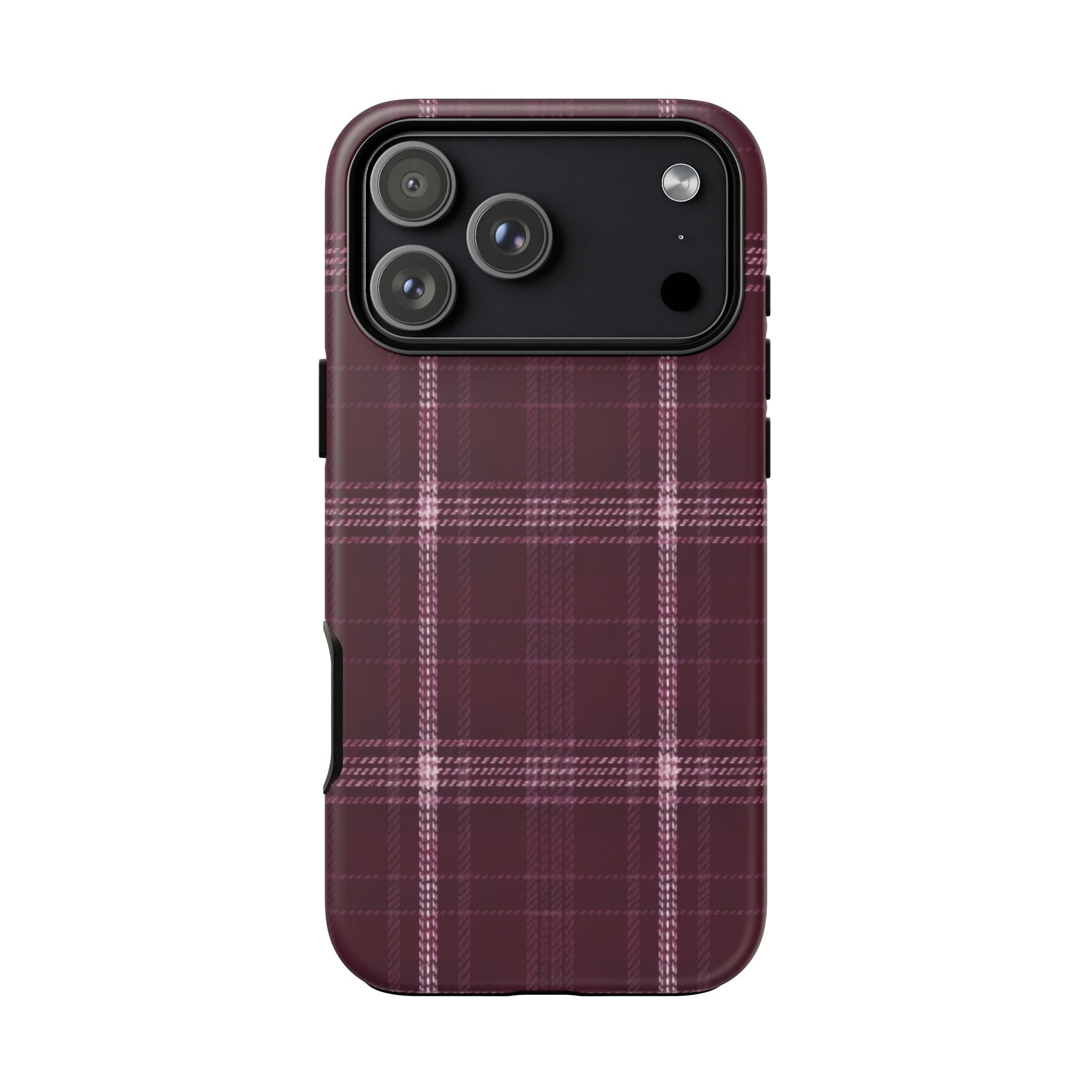 Plaid phone case, burgundy with white lines, showing camera lens openings