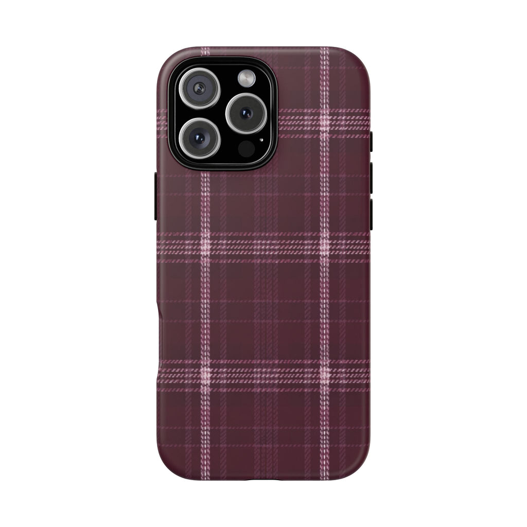 Burgundy plaid phone case with white grid lines and raised camera cutout