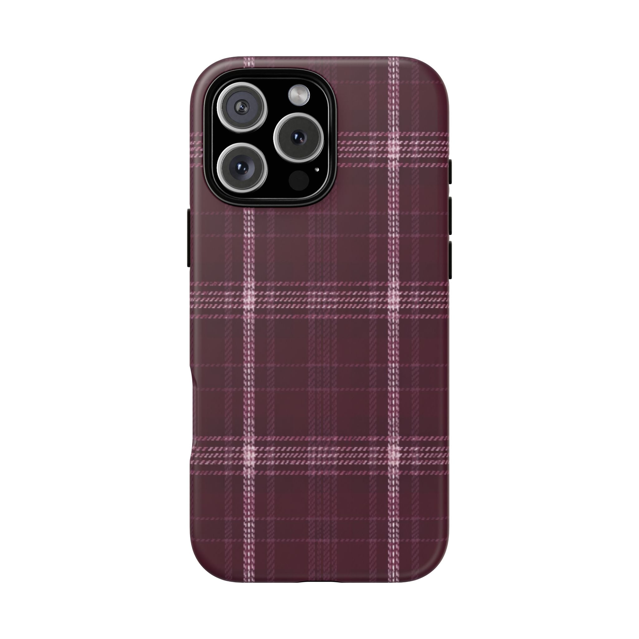 Burgundy plaid phone case with white grid lines and raised camera cutout