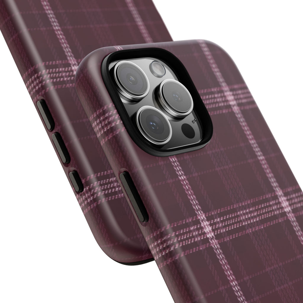 Burgundy tartan-style plaid phone case with side cutouts and camera bump