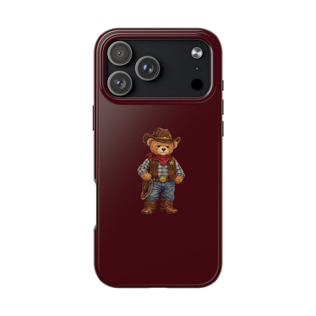 Wine red phone case with cowboy teddy bear graphic; camera cutout and raised edges