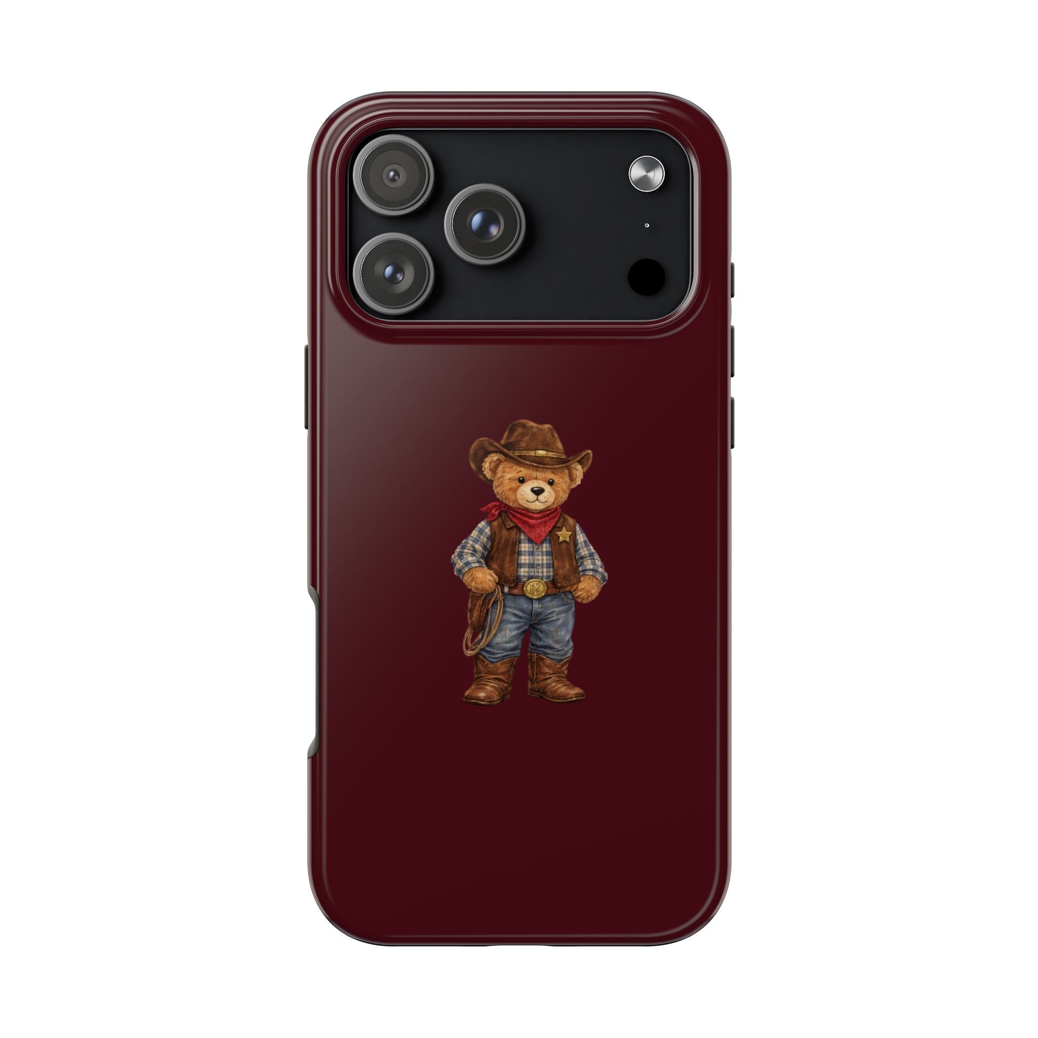 Wine red phone case with cowboy teddy bear graphic; camera cutout and raised edges