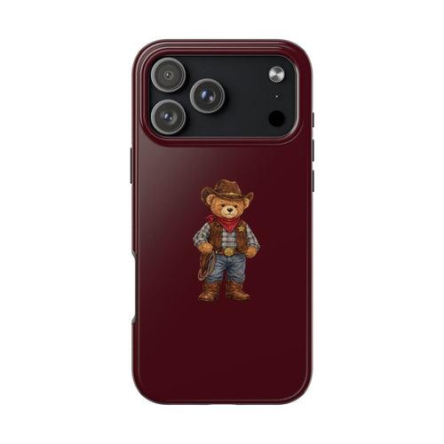 Wine red phone case with cowboy teddy bear graphic; camera cutout and raised edges