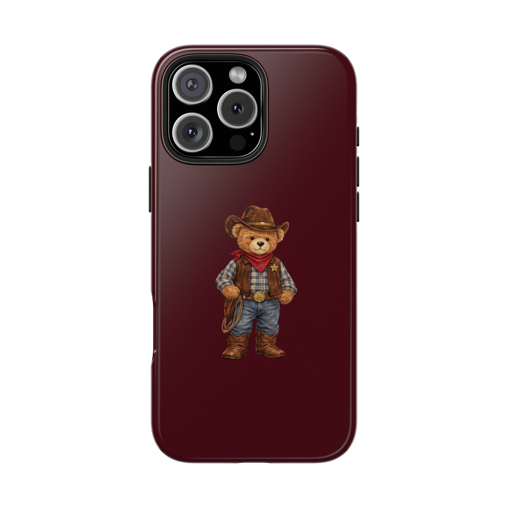 Wine red phone case featuring centered cowboy teddy bear illustration; camera cutout