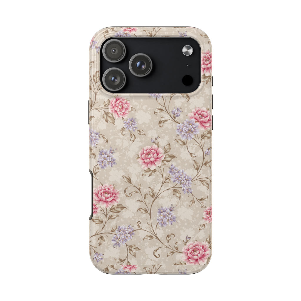 Beige floral phone case with pink and purple blossoms; raised camera cutout