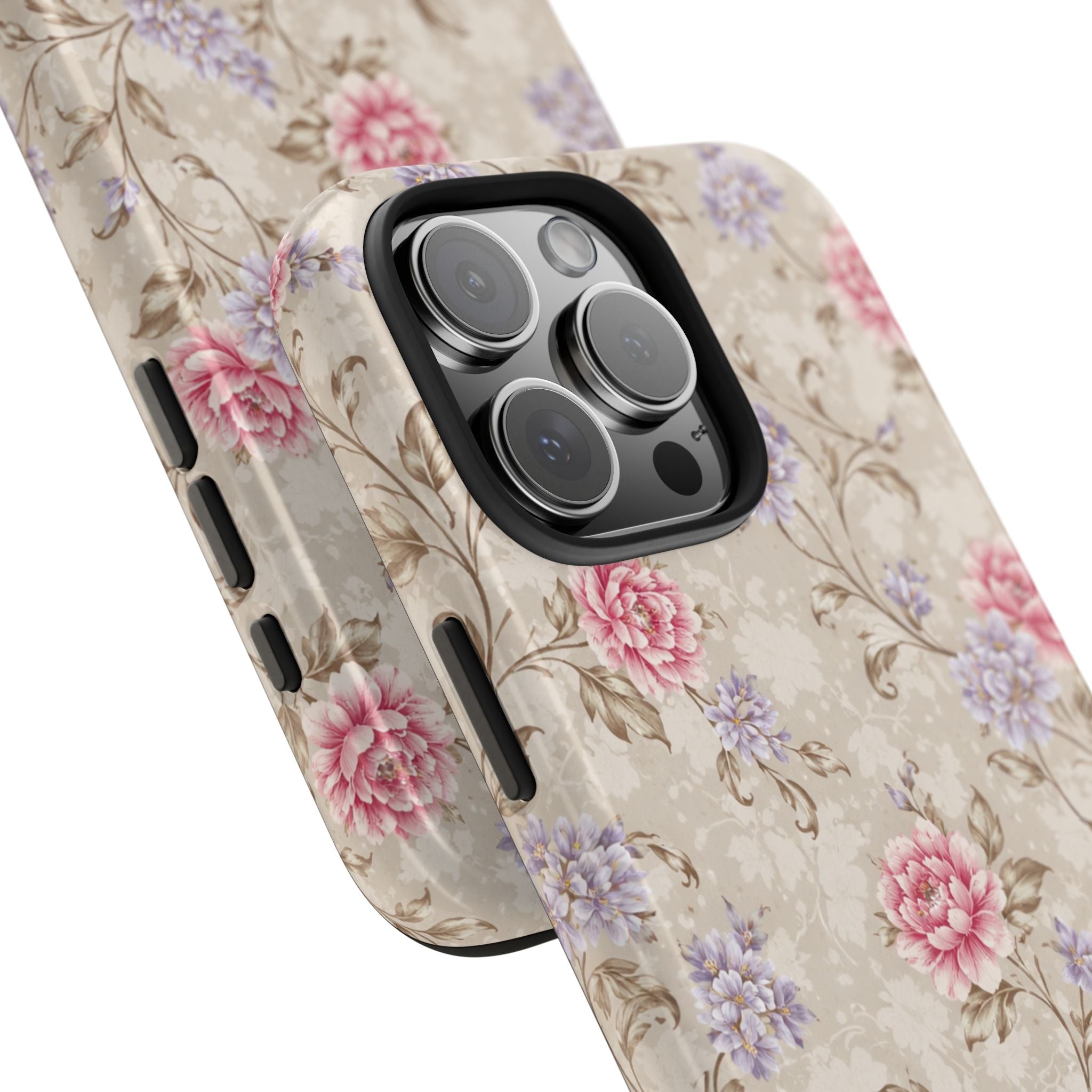 Slanted view of floral phone case, light beige with pink and lavender flower pattern