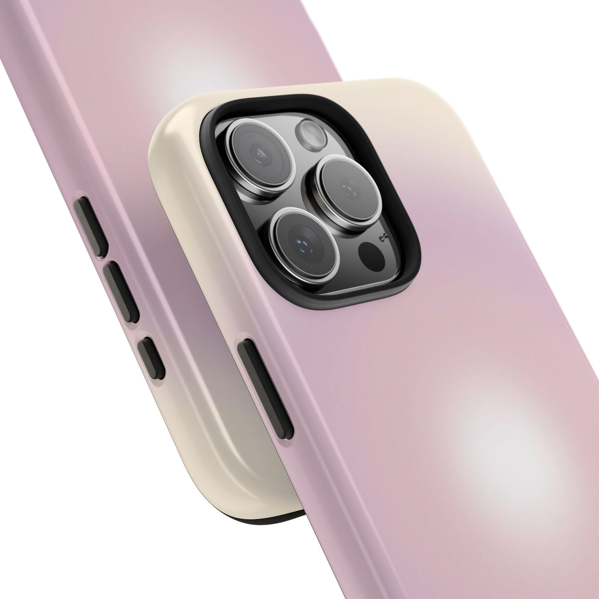 Close-up aura phone case corner with pastel gradient, protective camera bump and lens cutouts