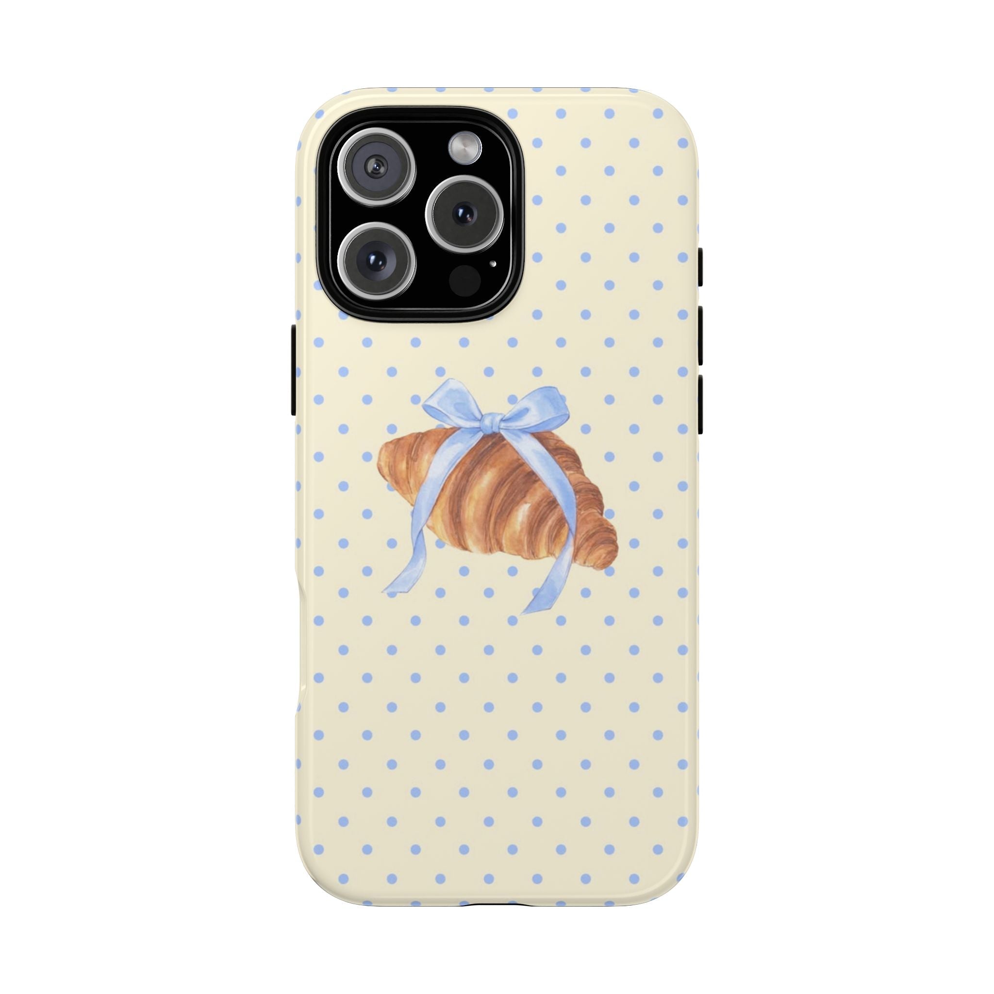 Cream phone case with blue polka dots and blue bow-croissant design