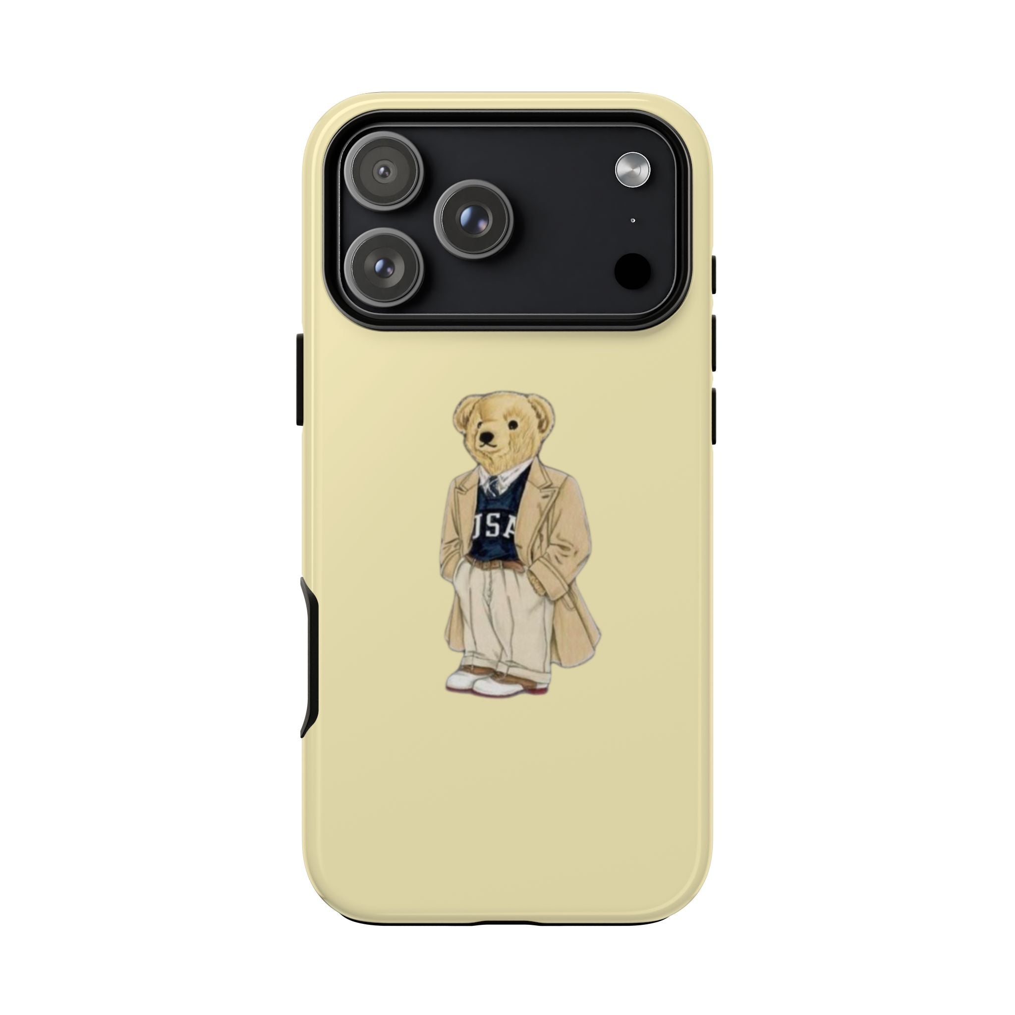 Yellow slim phone case featuring a teddy bear wearing a jacket and USA-style outfit