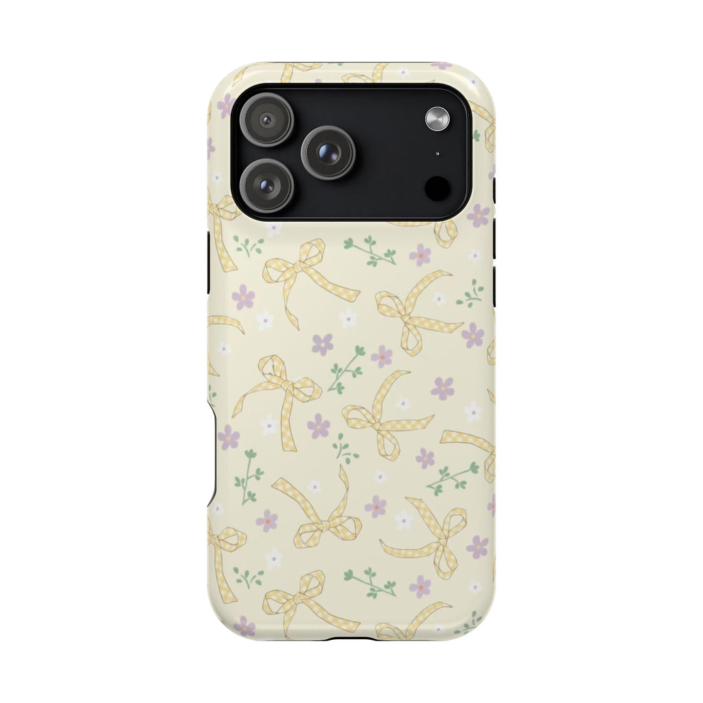 Lavender bow and floral pattern phone case with camera cutouts and side buttons