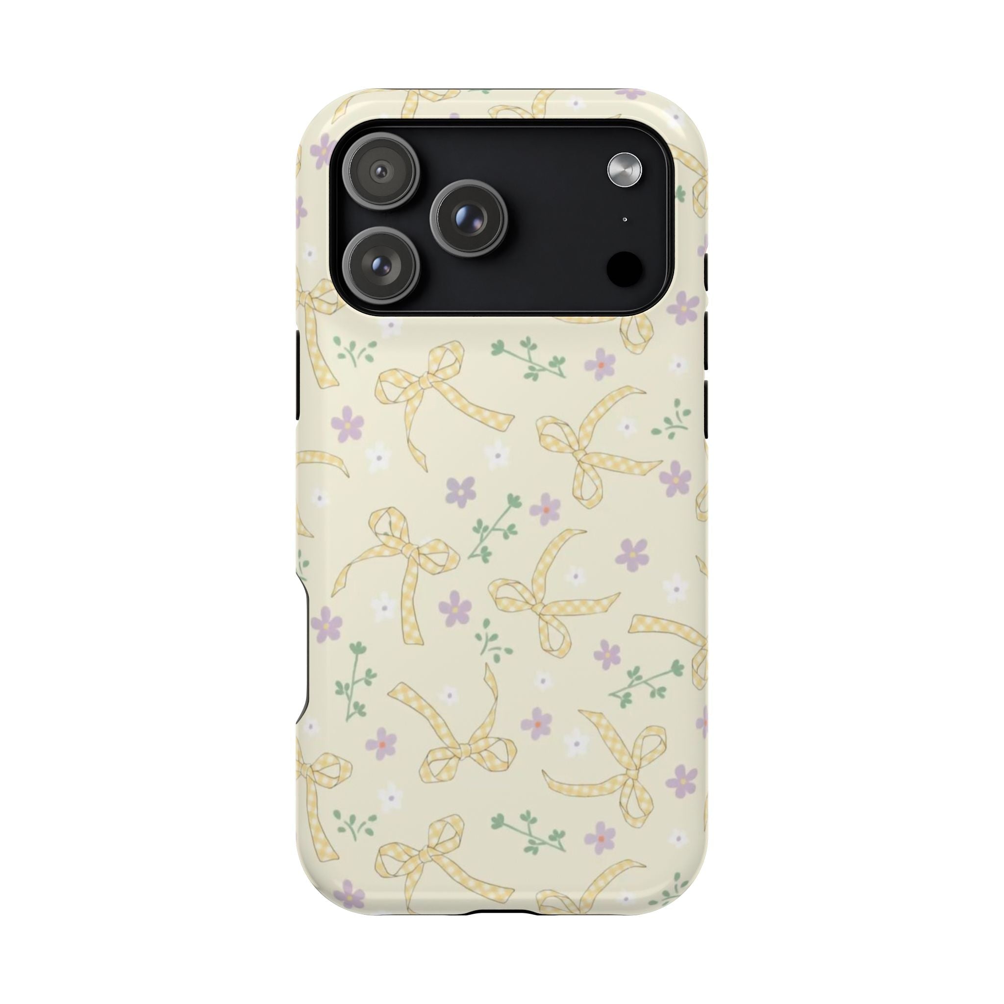 Lavender bow and floral pattern phone case with camera cutouts and side buttons
