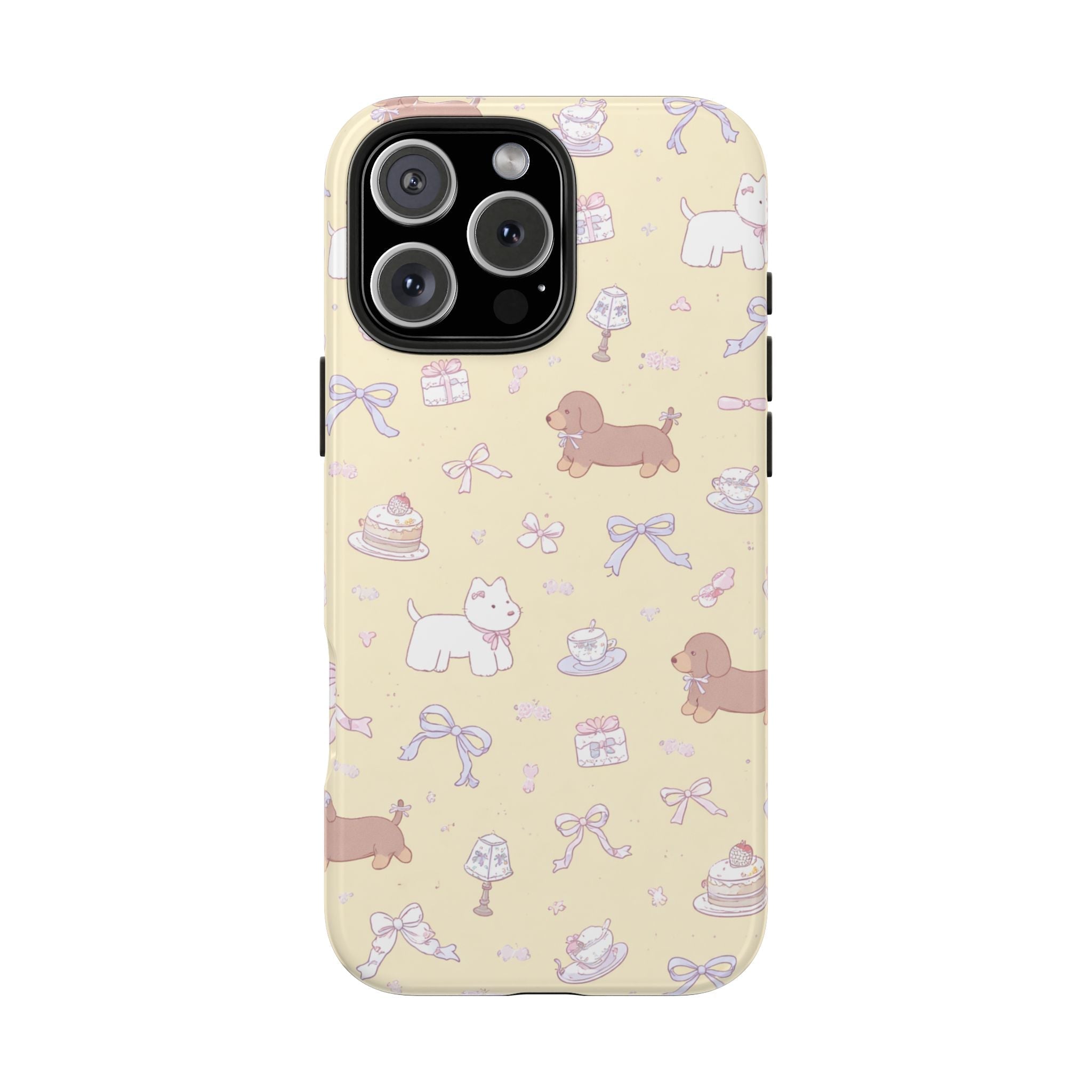 Yellow phone case with coquette pet pattern: cats, dogs, bows, and treats around the back.