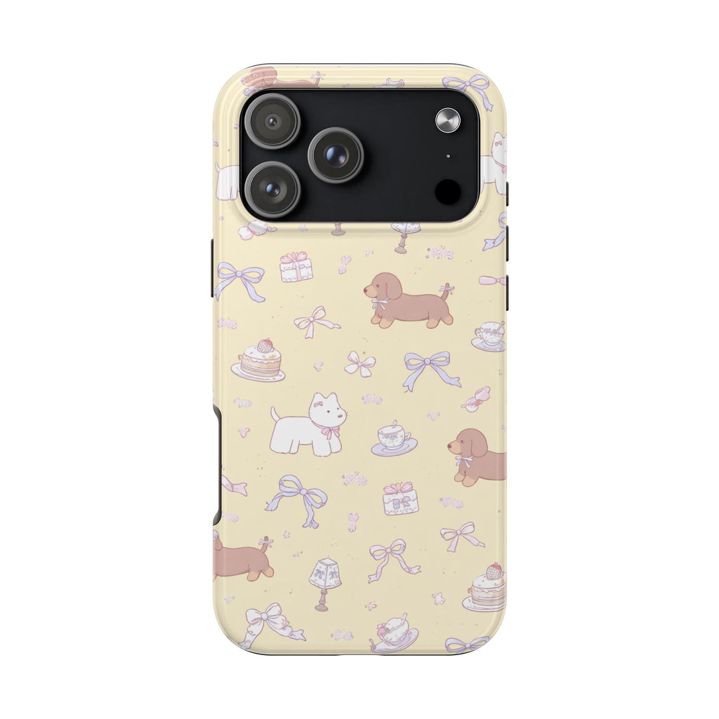 Yellow coquette pet phone case back with cute cats and dogs, bows, and gift/treat icons.