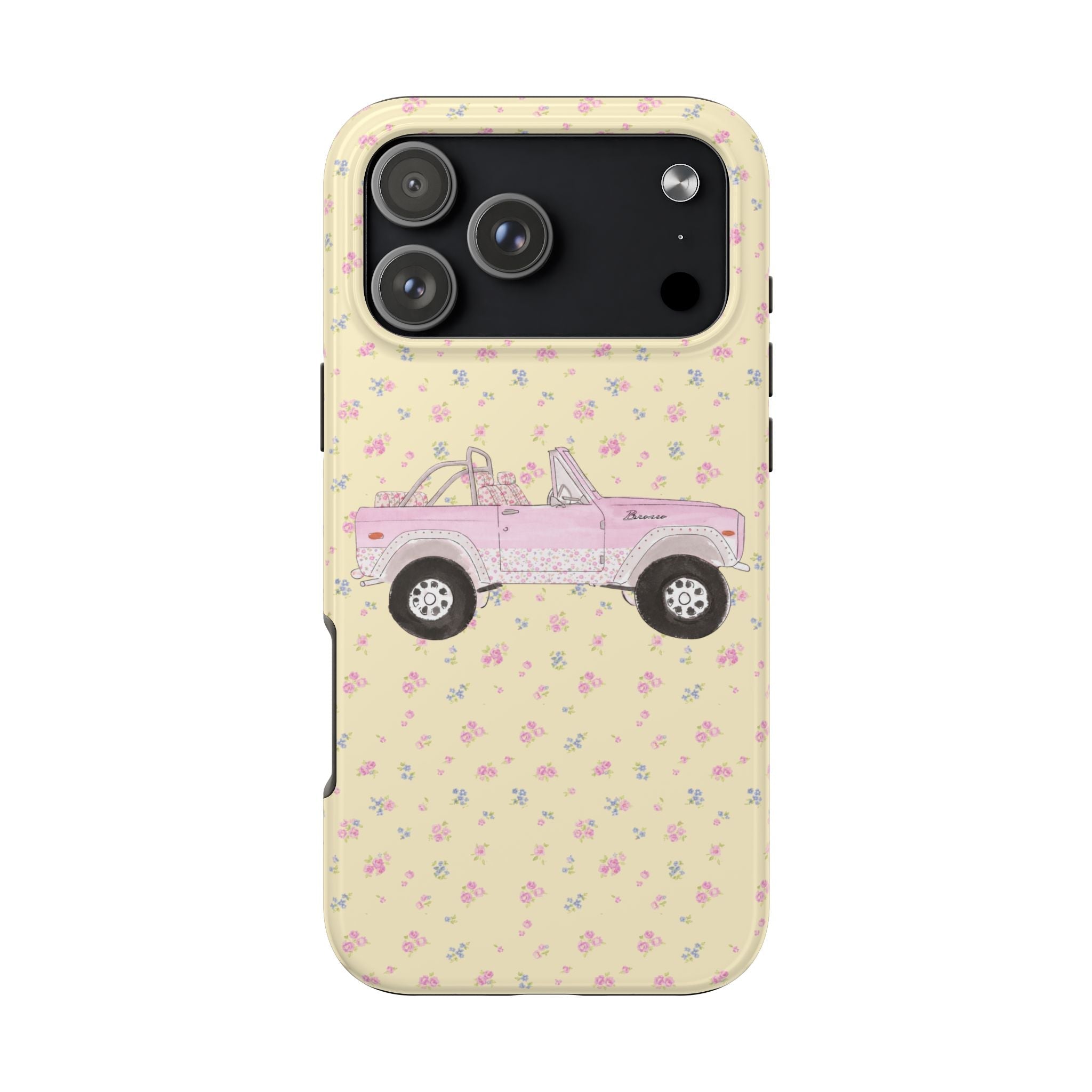 Yellow phone case with ditsy floral print and pink vintage truck illustration; camera cutouts