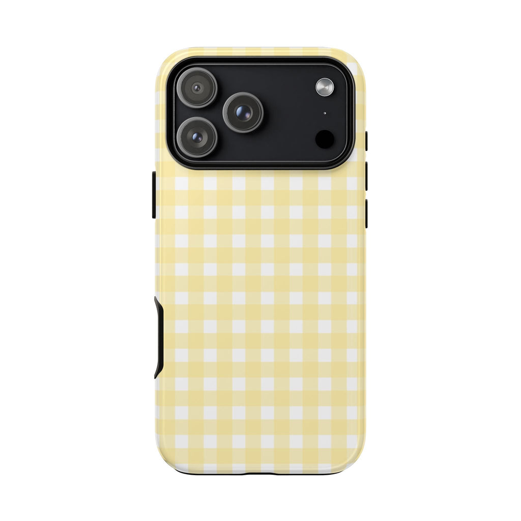 Yellow gingham phone case, back view with camera cutout and side openings