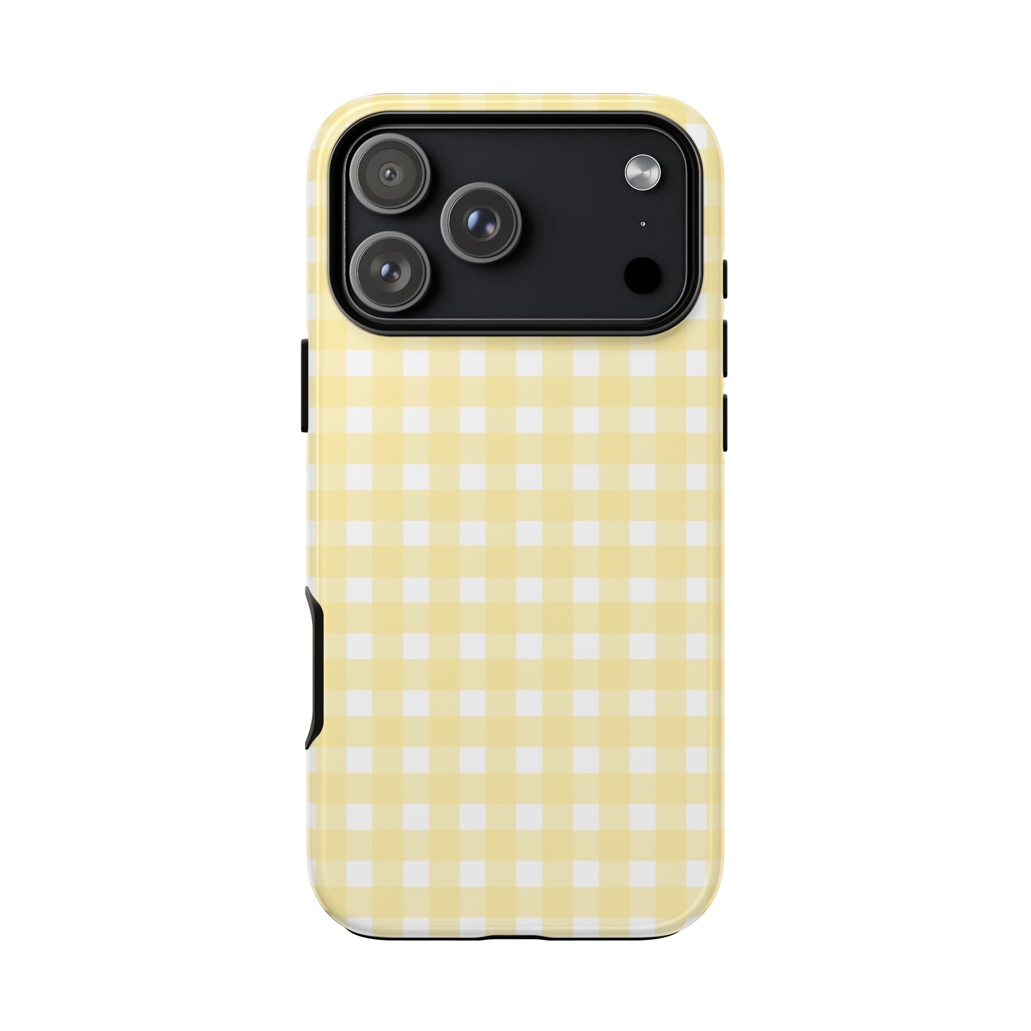 Yellow gingham phone case, back view with camera cutout and side openings
