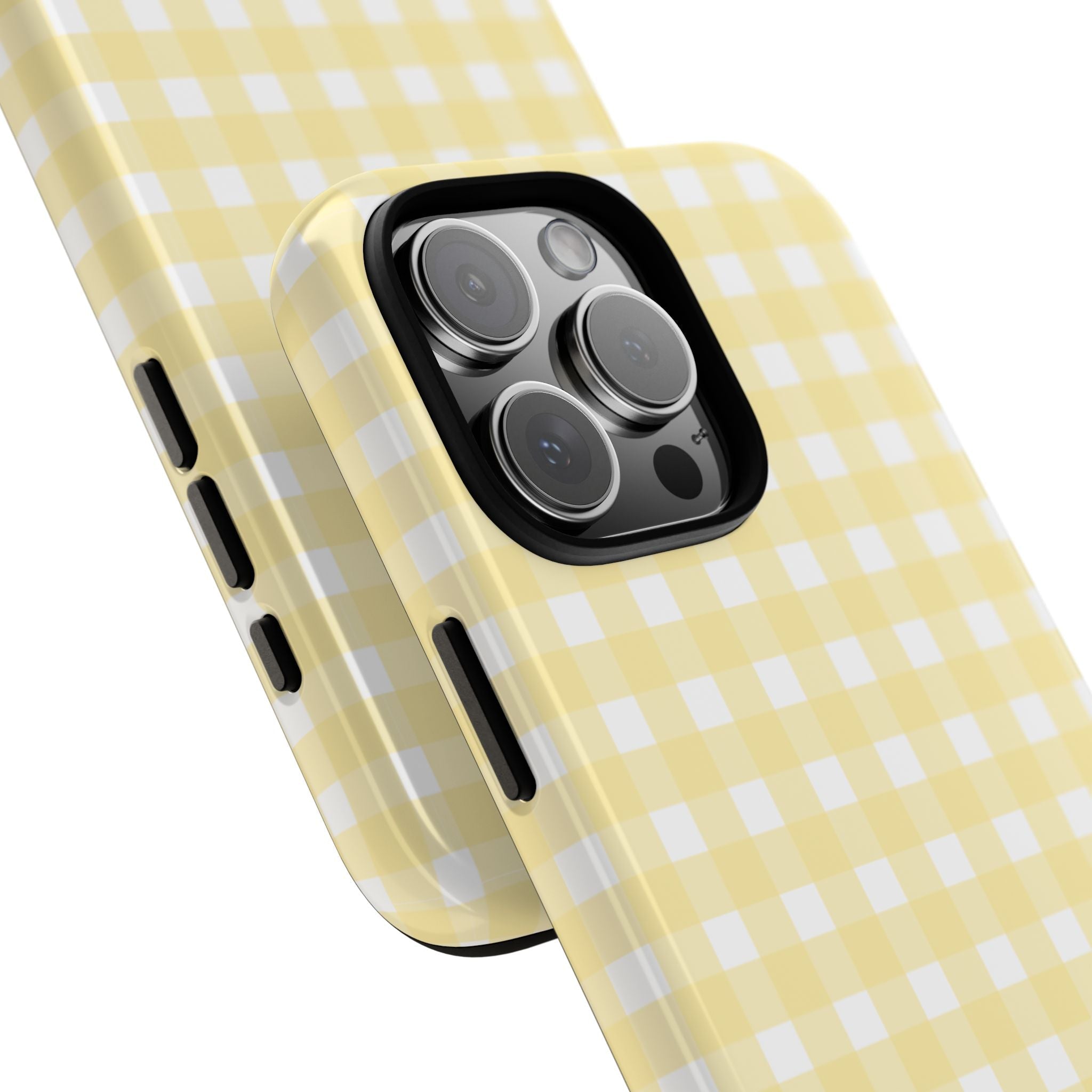 Yellow gingham phone case with check pattern and side button openings