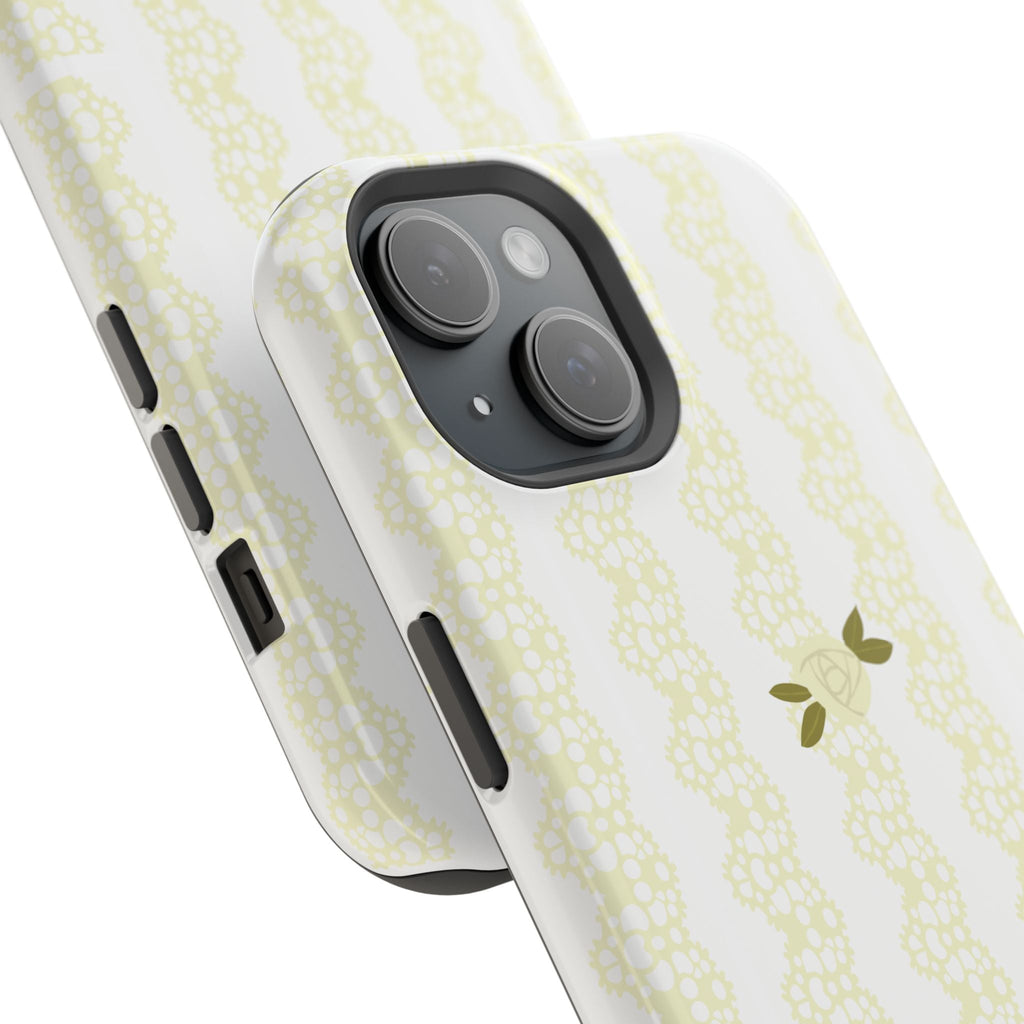 Yellow lace knit phone case close-up with floral jacquard pattern and dual camera cutouts