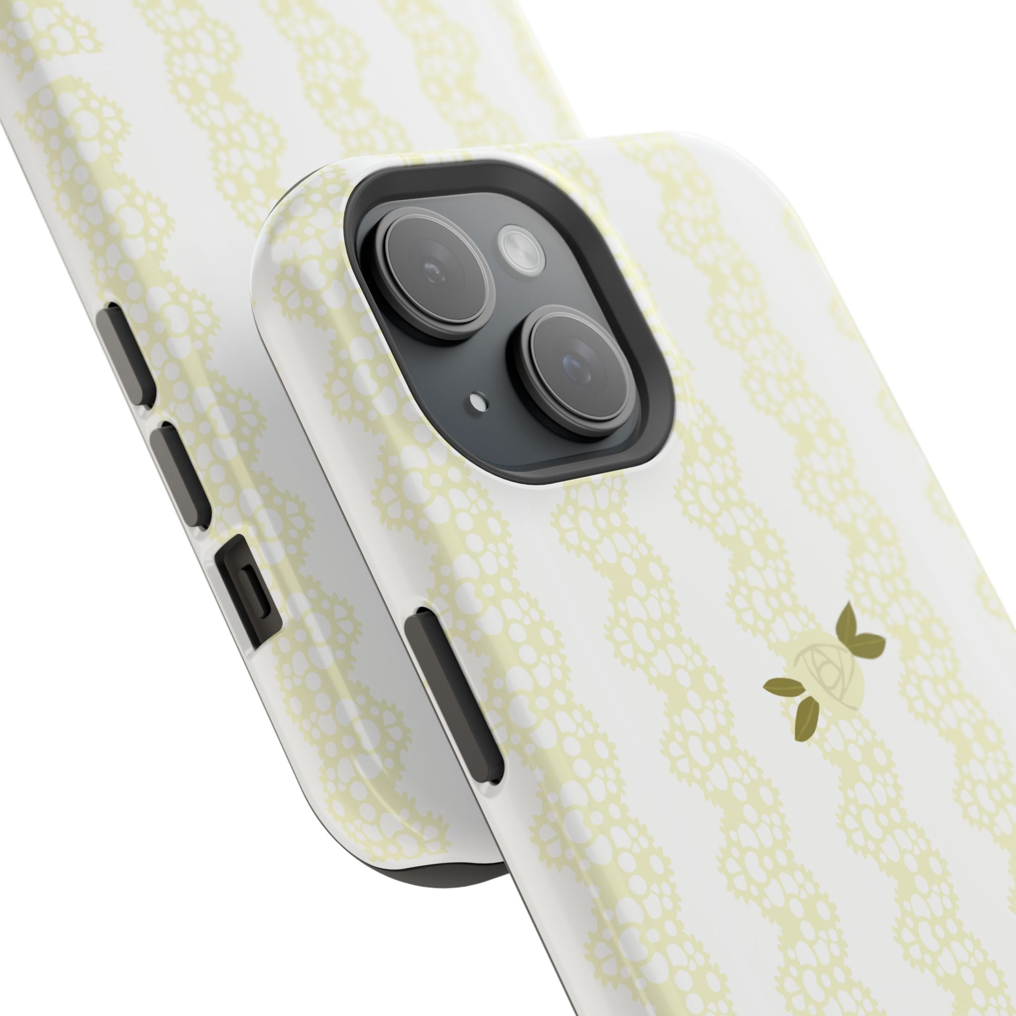 Yellow lace knit phone case close-up with floral jacquard pattern and dual camera cutouts