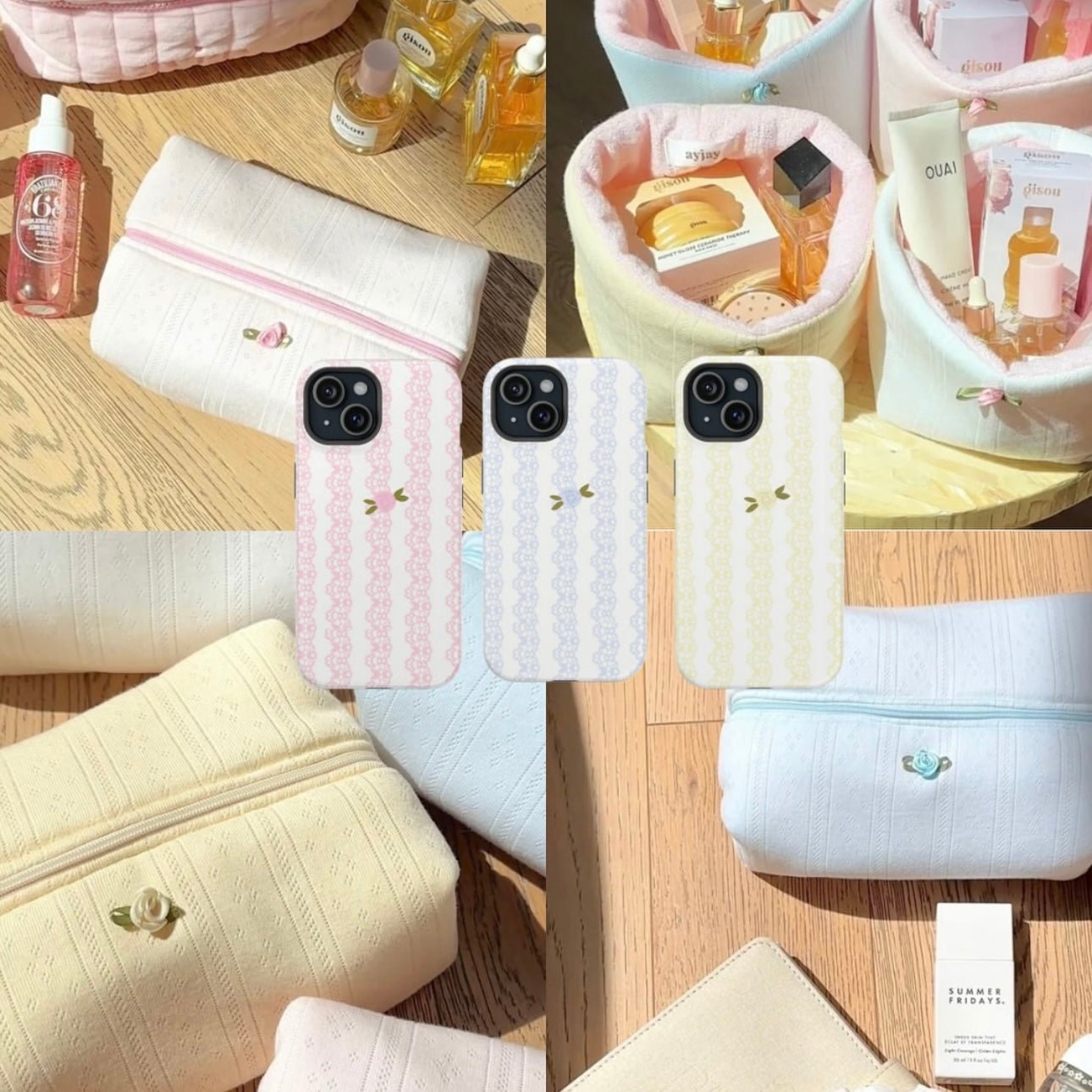 Yellow lace phone case with leaf accent, camera cutouts, shown with matching pastel cases