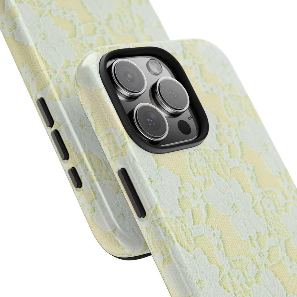 Yellow lace phone case corner view with side buttons and camera lens cutout