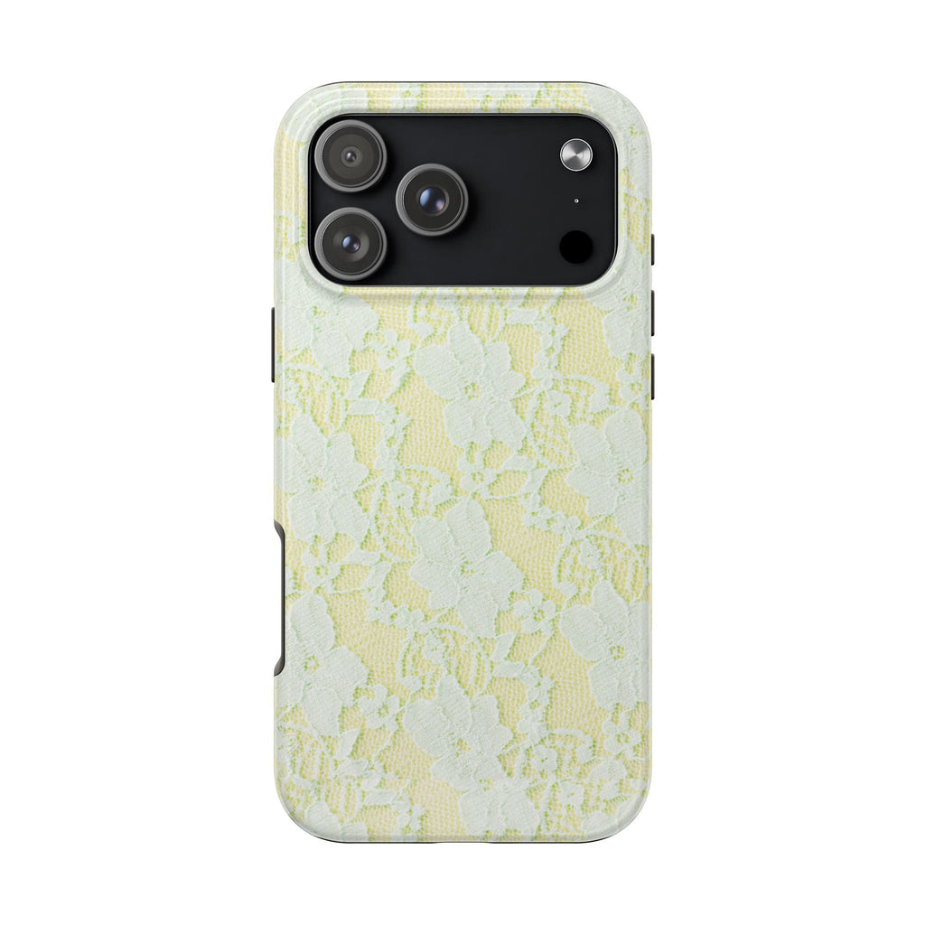 Yellow lace phone case, floral lace pattern with raised camera cutout