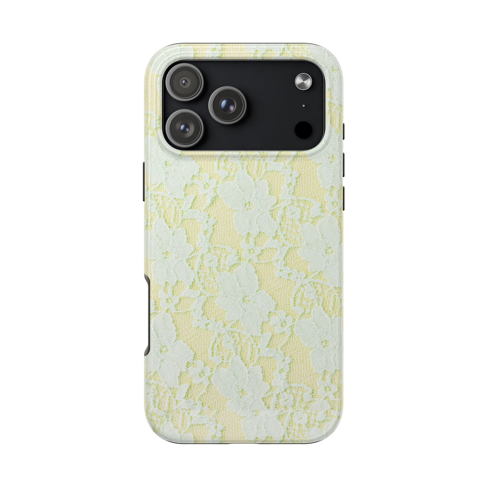 Yellow lace phone case, floral lace pattern with raised camera cutout