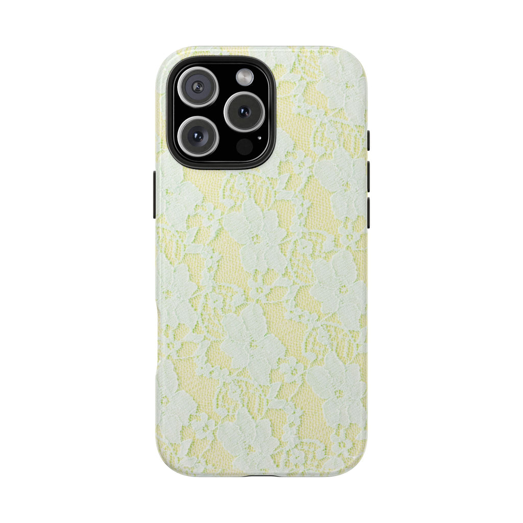 Yellow lace phone case with camera cutouts and light floral texture
