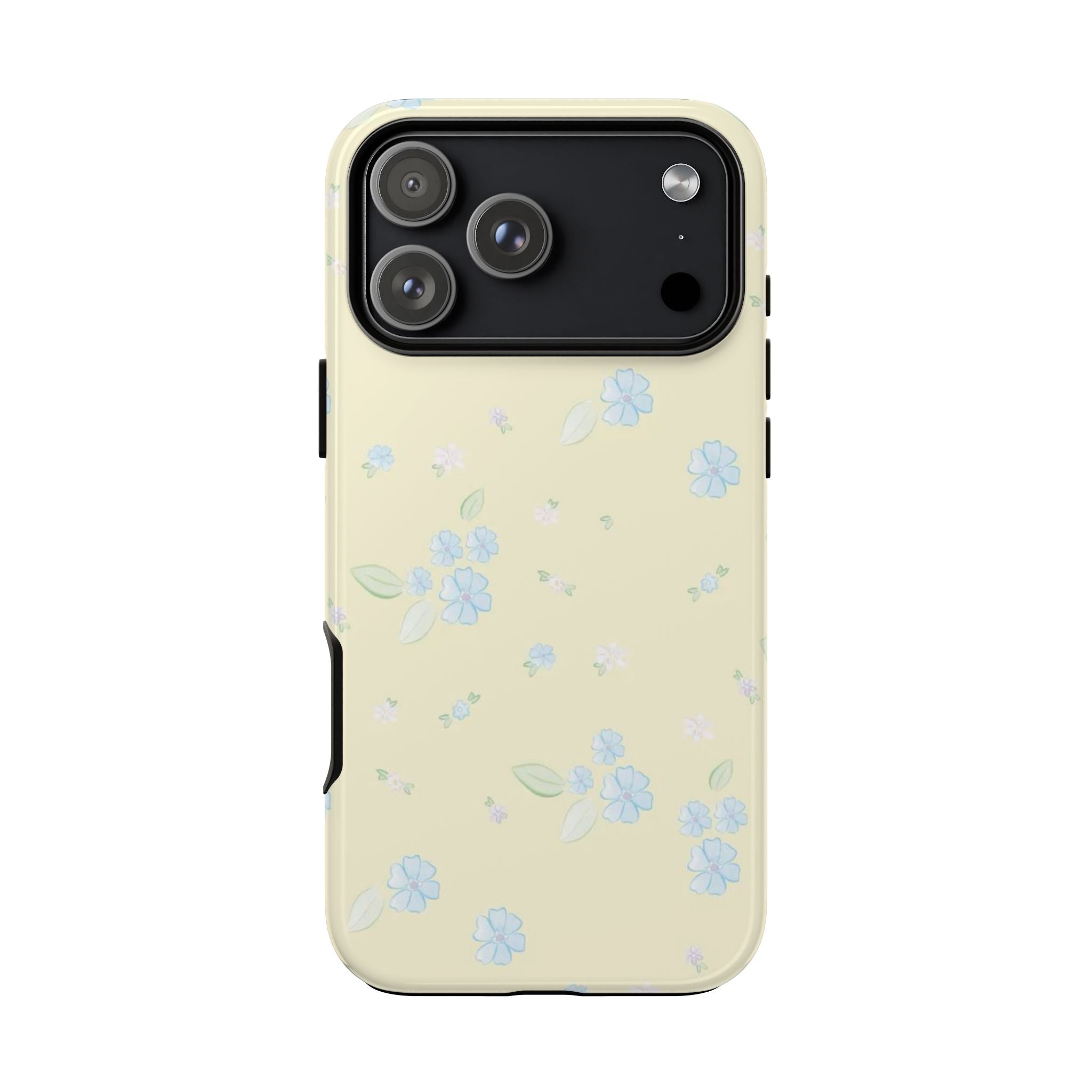 Cream phone case with scattered blue flowers and raised camera frame on back
