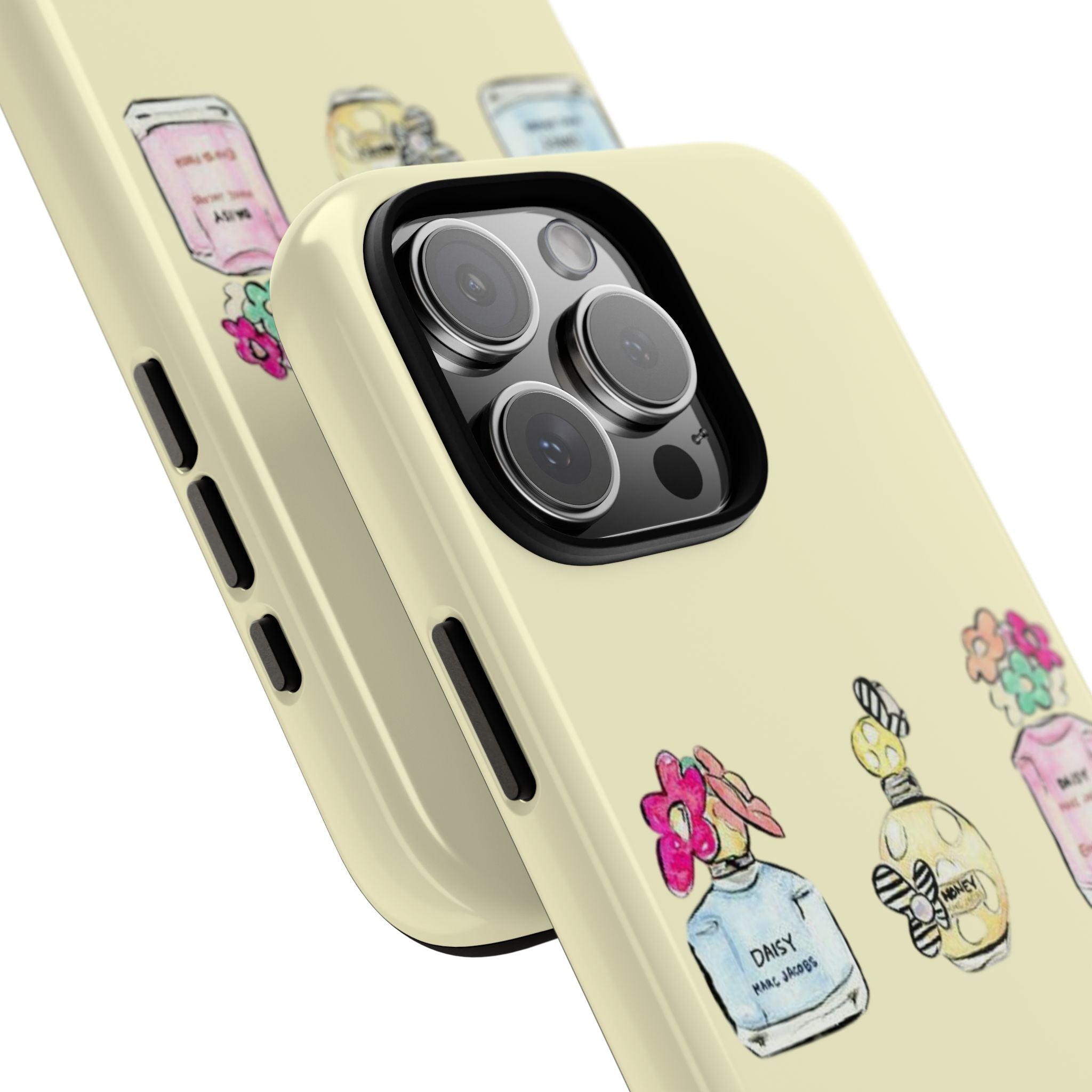 Yellow case angled view, daisy perfume bottle print and raised camera protection