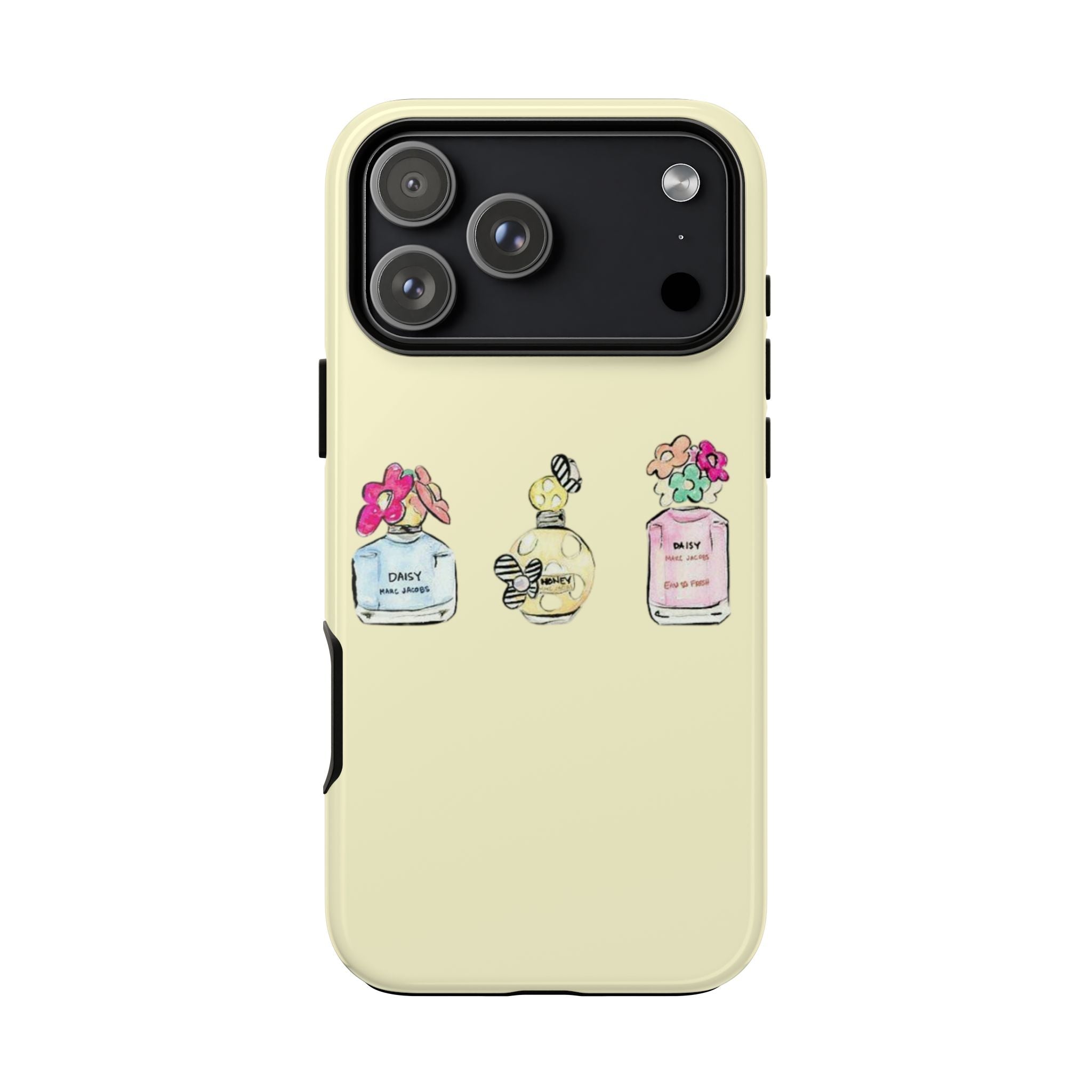 Yellow phone case with daisy perfume bottle trio artwork and camera cutout