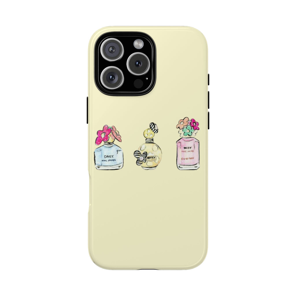 Yellow phone case with daisy perfume bottle print, camera and flash cutouts