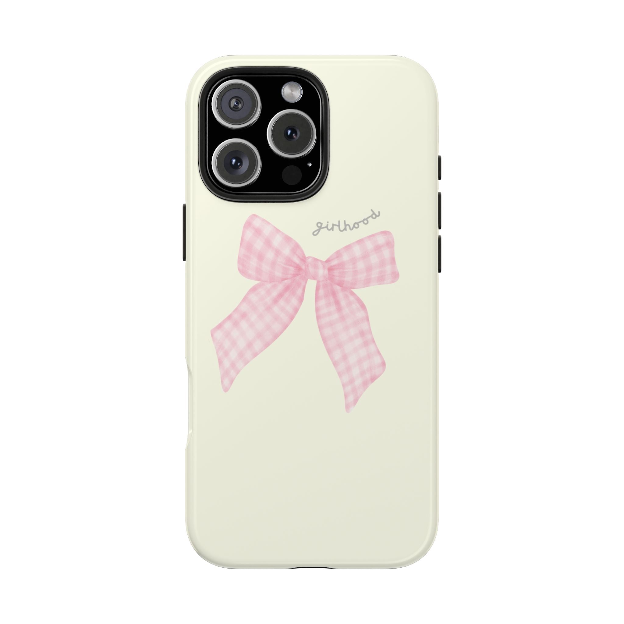 Yellow phone case with pink gingham bow detail and girlhood script near the center