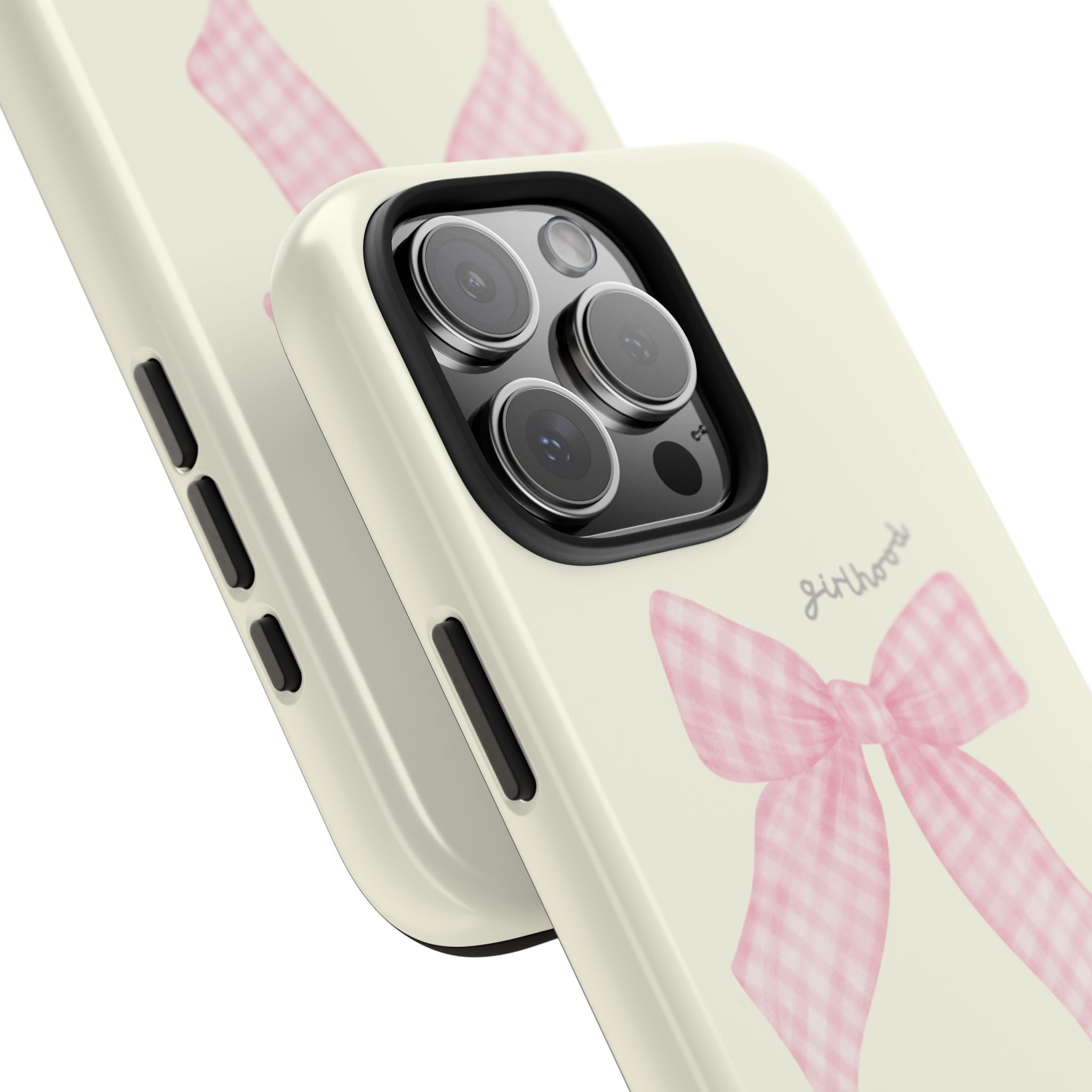 Side view of yellow phone case with pink gingham bow and camera cutout; glossy finish
