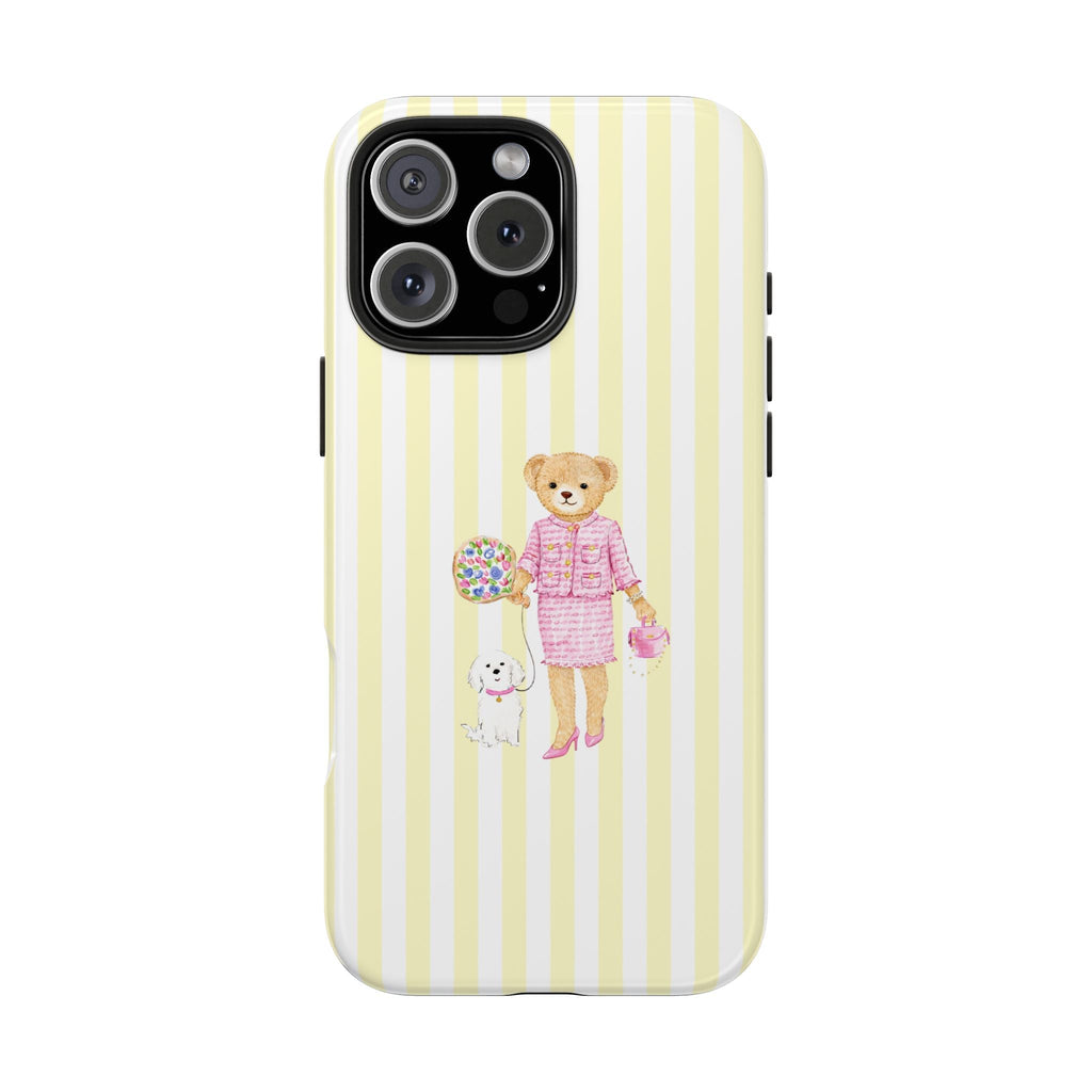 Yellow-and-white striped phone case with teddy bear girl graphic, front