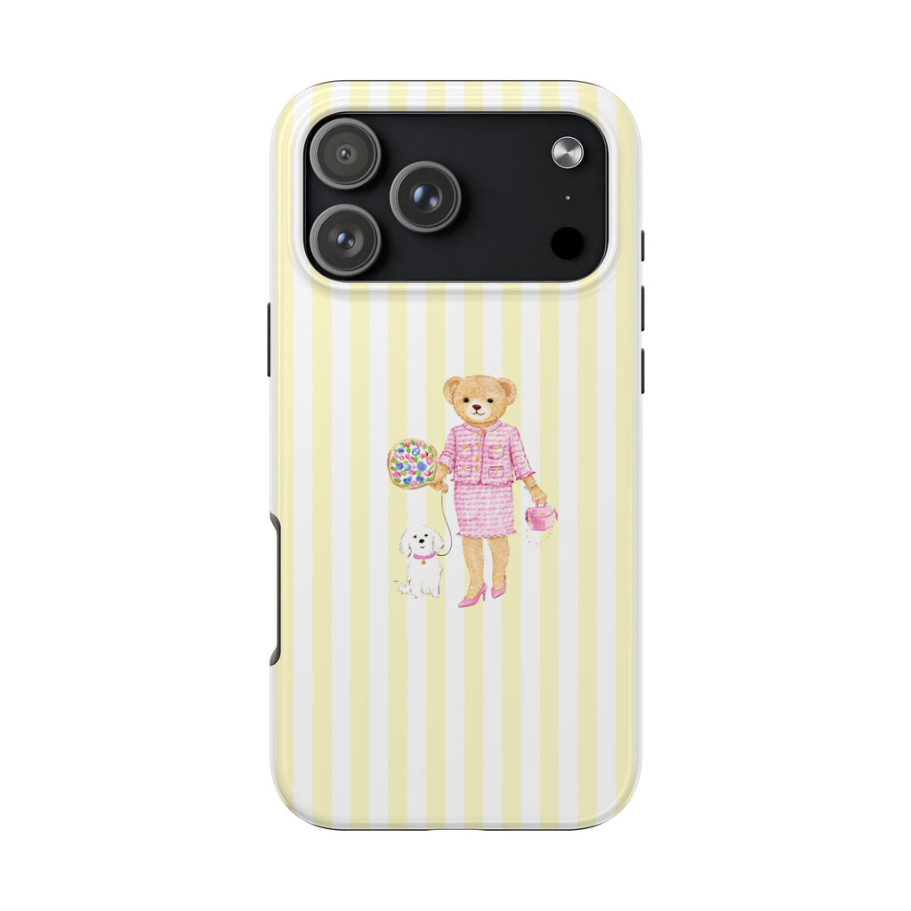 Yellow-and-white striped phone case with teddy bear girl and small dog graphic, back