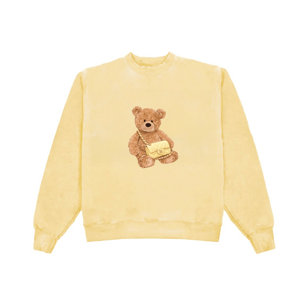 Yellow teddy bear crewneck sweatshirt with brown bear graphic on front
