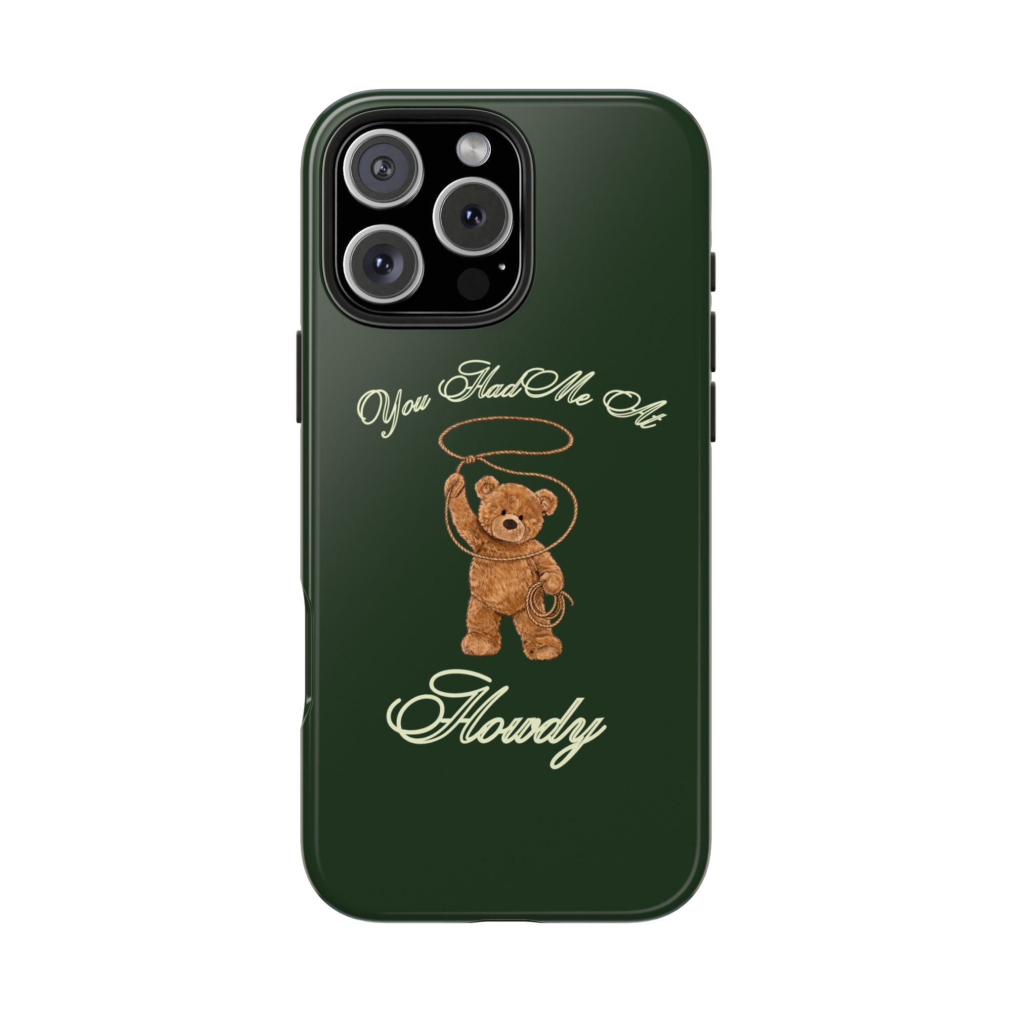Green phone case with embroidered teddy bear and “Howdy” script design